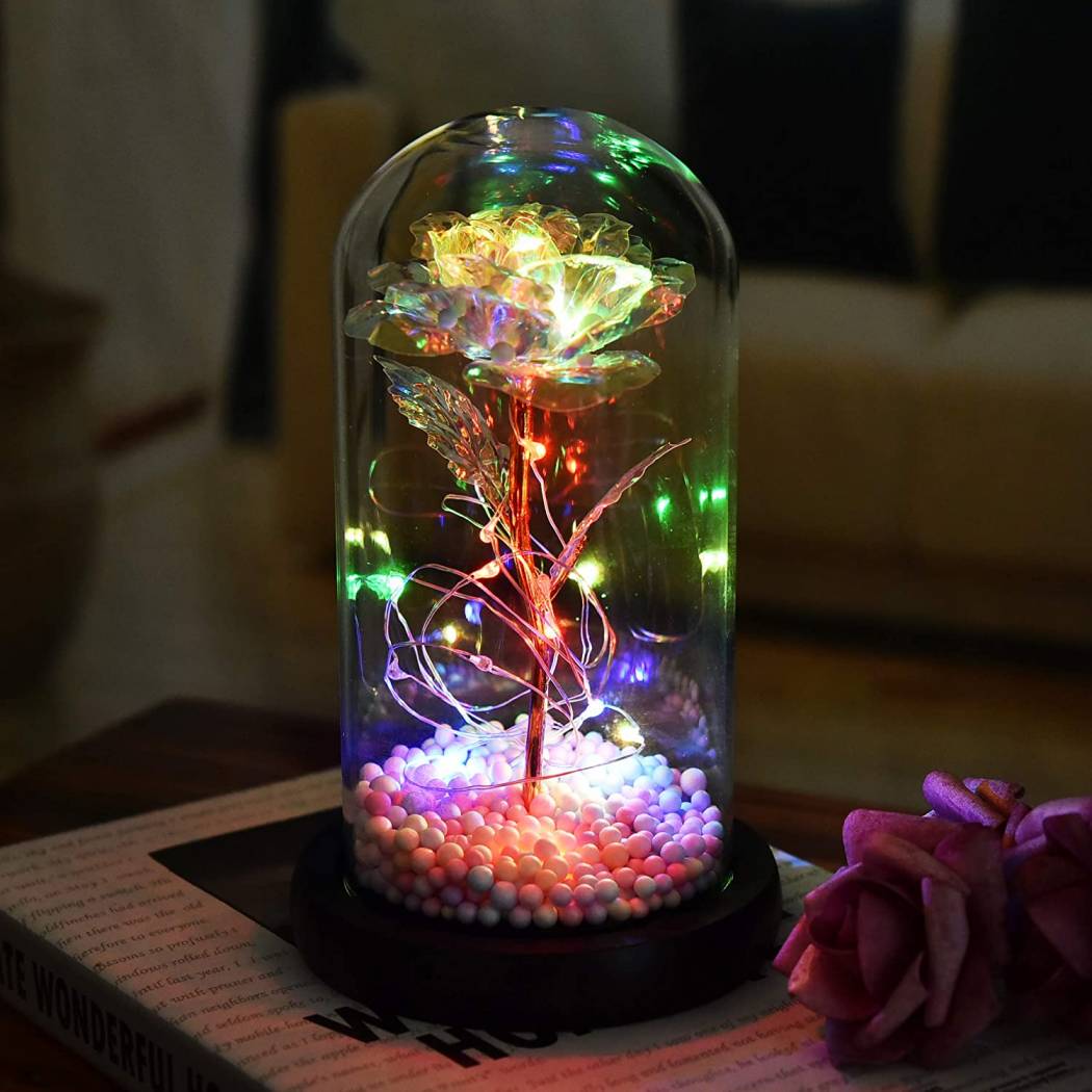 Dropshipping Agent Eternal Gold Rose Glass Cover Led Lights Artificial Rose Flower For Mother's Day Gift Decorations